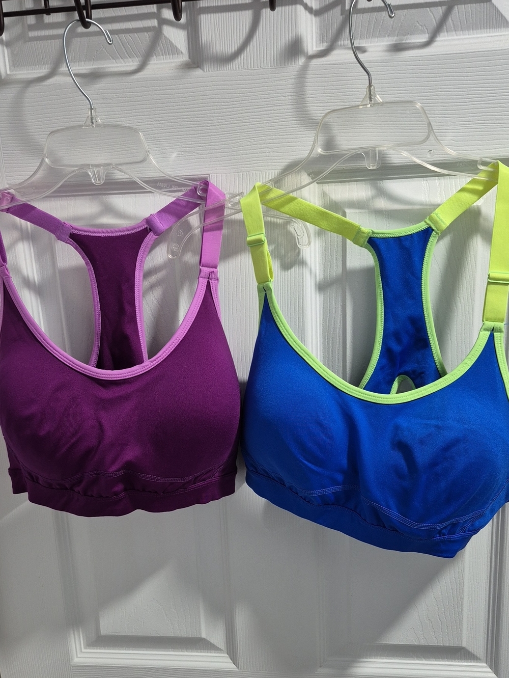 Tek Gear Purple and Blue Racerback Sports Bras with Lime Trim